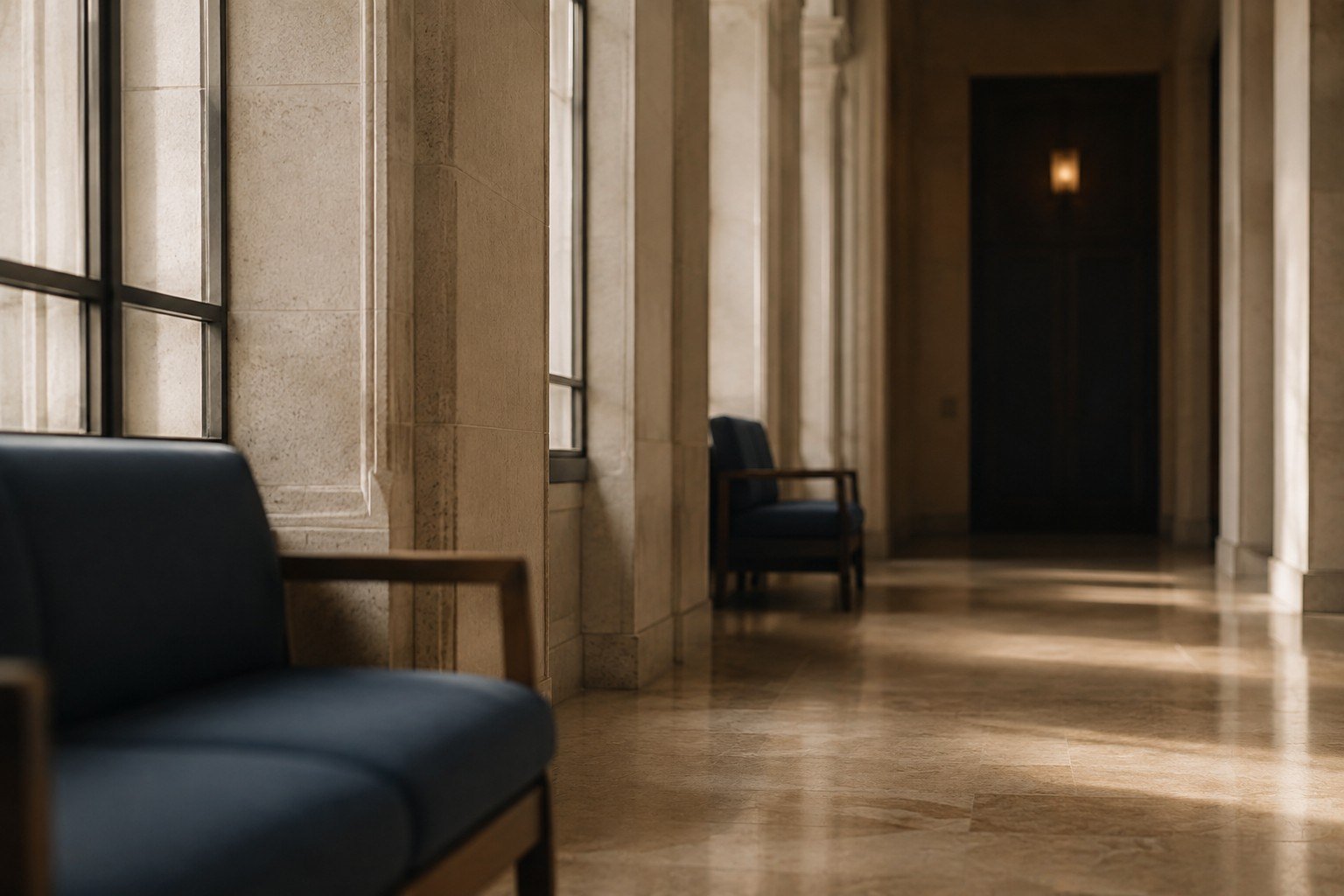 Corredor de prédio institucional com luz natural