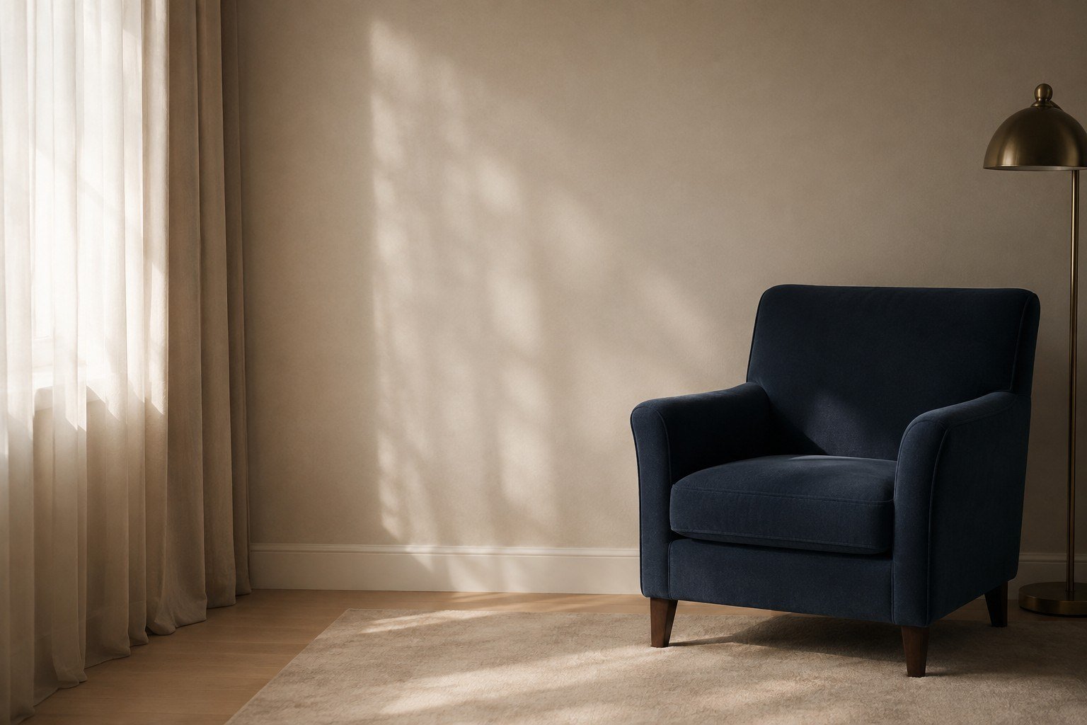 Canto de sala de estar com poltrona e luz suave